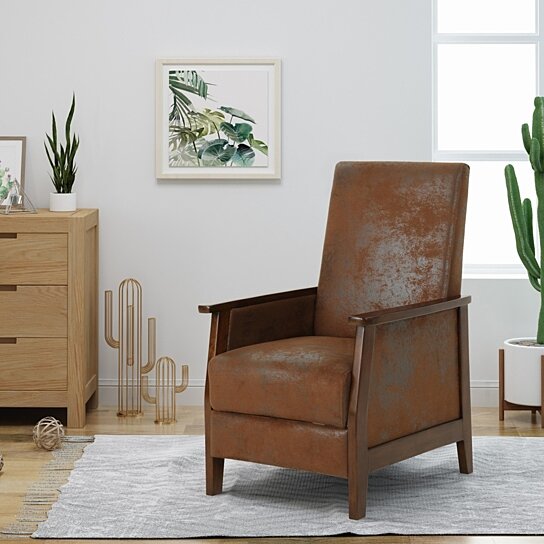 Alex Exposed Wood High Back Microfiber Push Back Recliner